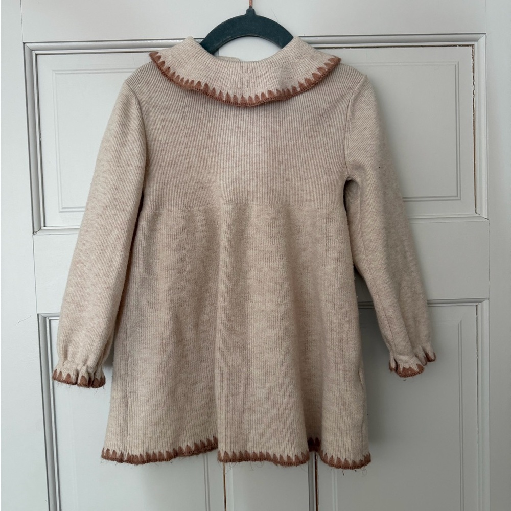 Zara 2T-3T Cream Knit Dress with Brown Trim